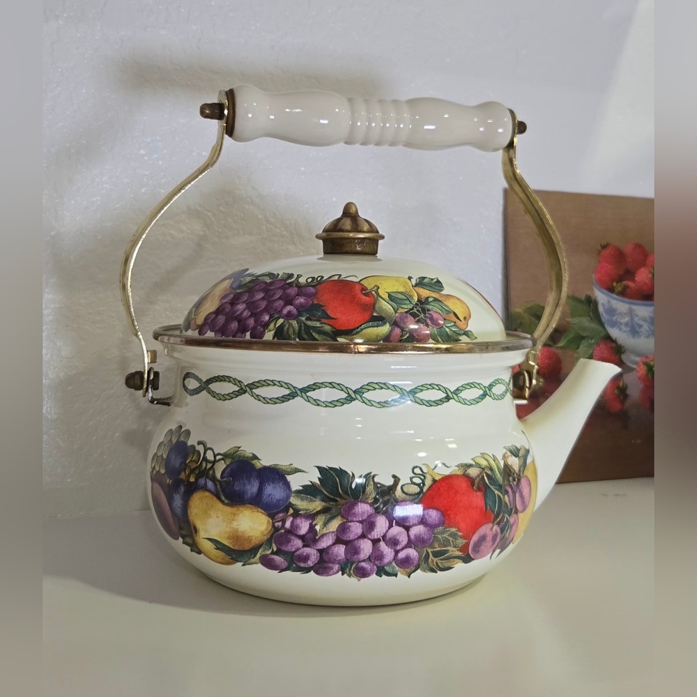 Source Unknown Cream Floral Fruit Pattern Enamel Tea Kettle with Brass Accents